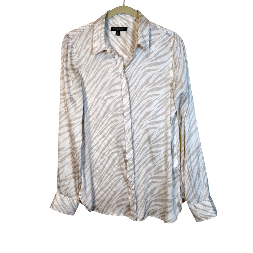 Banana Republic‎ Dillon Fit Silky Zebra Print Button Down Shirt Tan White Tall S